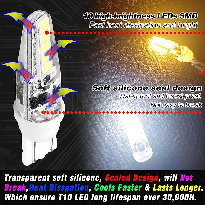 15W 20W T5 T10 Wedge Base LED Light Bulb 300lm AC/DC 12V-24V Daylight White 6000K 3W 194 921 T10 LED Bulb for Automotive Car RV Camper Trailer Landscape Driveway Malibu Lawn Lighting, 8 Pack