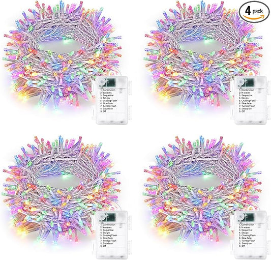 Lomotech Battery Operated Christmas Lights - 4 Pack Total 66ft 200LEDs String Lights 8 Modes Waterproof with Timer for Home, Garden, Party, Holiday, Tree Decoration (Clear Wire, Multicolor)