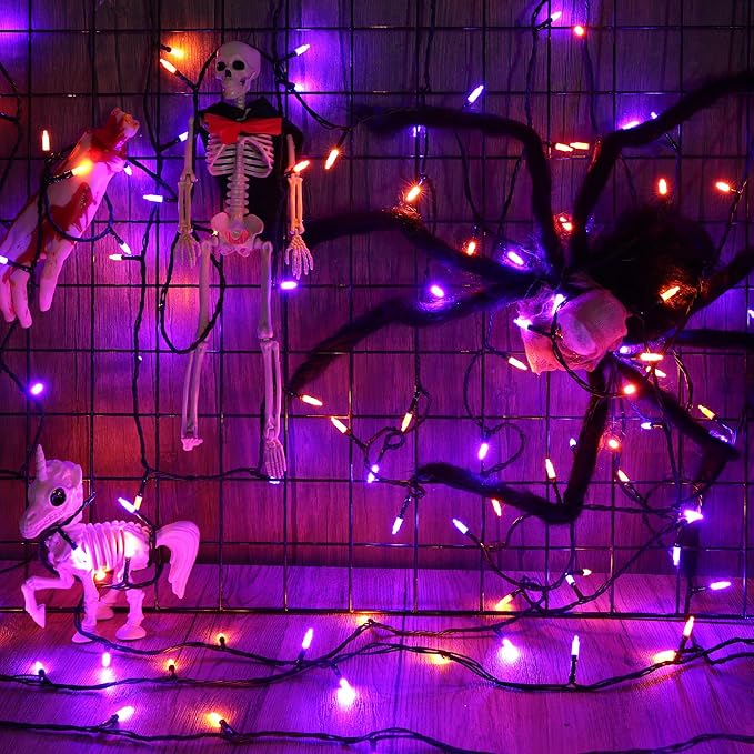 Lomotech Battery Operated Halloween Lights - 2 Pack Total 33ft 100 LED Orange Purple Battery Lights 8 Modes Waterproof with Timer for Home, Garden, Party, Holiday, Tree Decoration (Black Wire)
