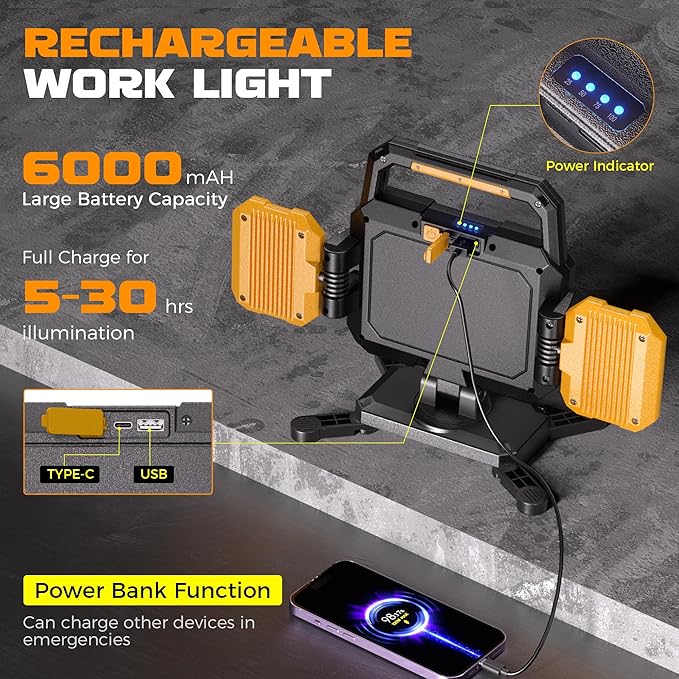 Yzoni 35W Rechargeable Work Light, 3500LM Magnetic LED Work Light with 6 Modes, Battery Powered Portable Mechanic Lights with 360°Rotate Foldable Design for Auto Car, Garage, Workshop