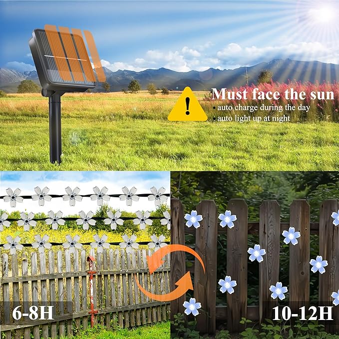 Solar String Lights for Outside，50 LED Solar Flower Lights Outdoor Waterproof ，Solar Powered Outdoor Decorative String Light for Yard, Lawn, Fence, Flower Garden, Christmas Tree (Cold White