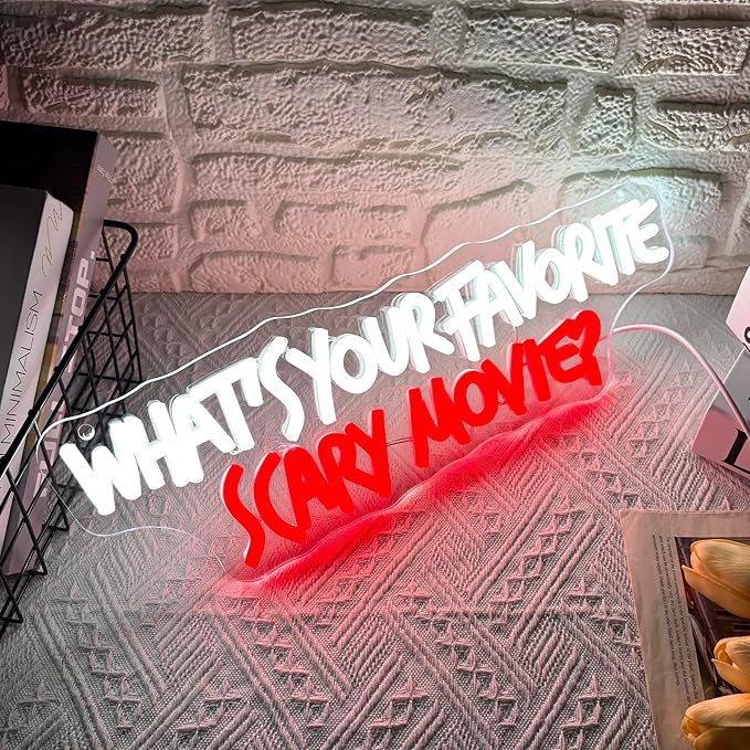 Symone What'S Your Favorite Scary Movie Neon Sign, Gothic Neon Light USB Powered Dimmable LED Halloween Neon Signs for Wall Decor, for Movie Room Party Terrifying Interior Decor(15.7 * 5.1 In)
