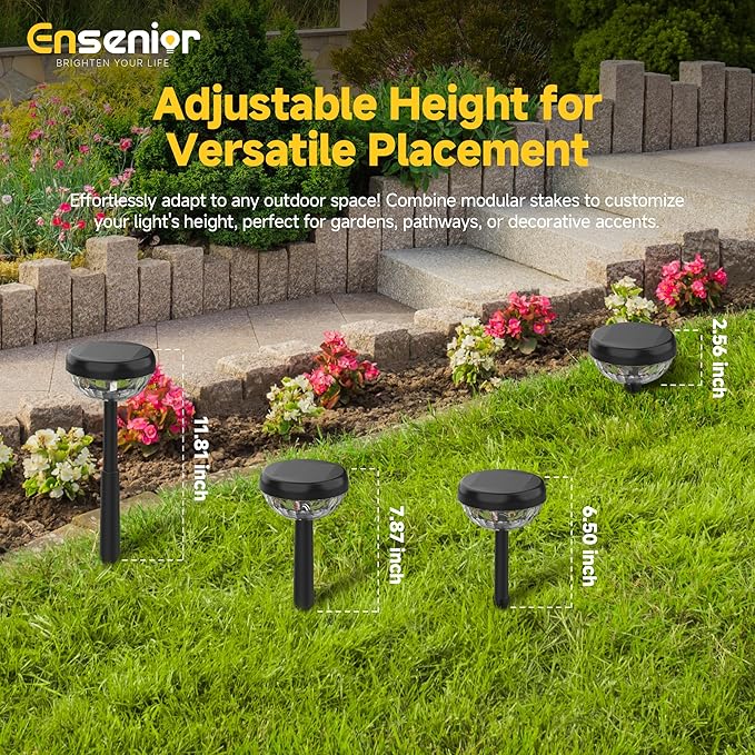 Ensenior 6-Pack Solar Lights Outdoor, Auto ON/Off 6500K LED Solar Garden Lights for Pathway, Yard, Patio, Walkway, Flower Bed, Waterproof, Energy-Efficient Landscape Lighting, Adjustable Height