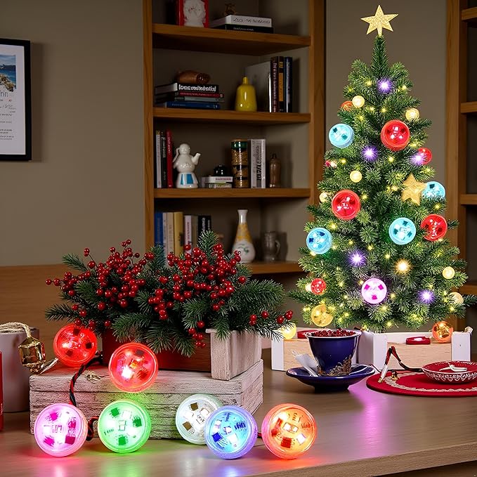Christmas Led Lights with Remote Battery Operated Color Changing Led Tea Light with Mini Hanging, for Christmas Tree vase Decor(10 Lights+2 remotes)