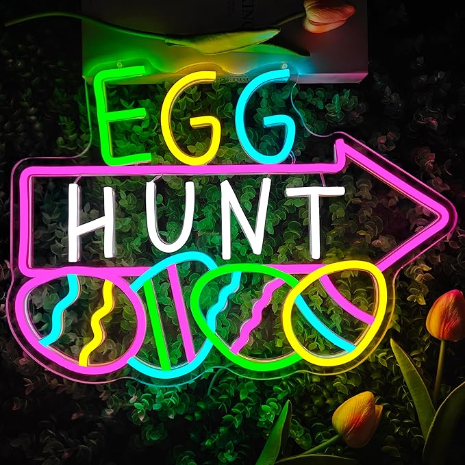 Easter Neon Sign for Wall Decor Easter Egg Hunt Led Sign Easter Decorations Dimmable Eggs Neon Light Up Signs for Egg Hunt Game Backdrop Window Party Gifts Bedroom Holiday Spring Bar Home