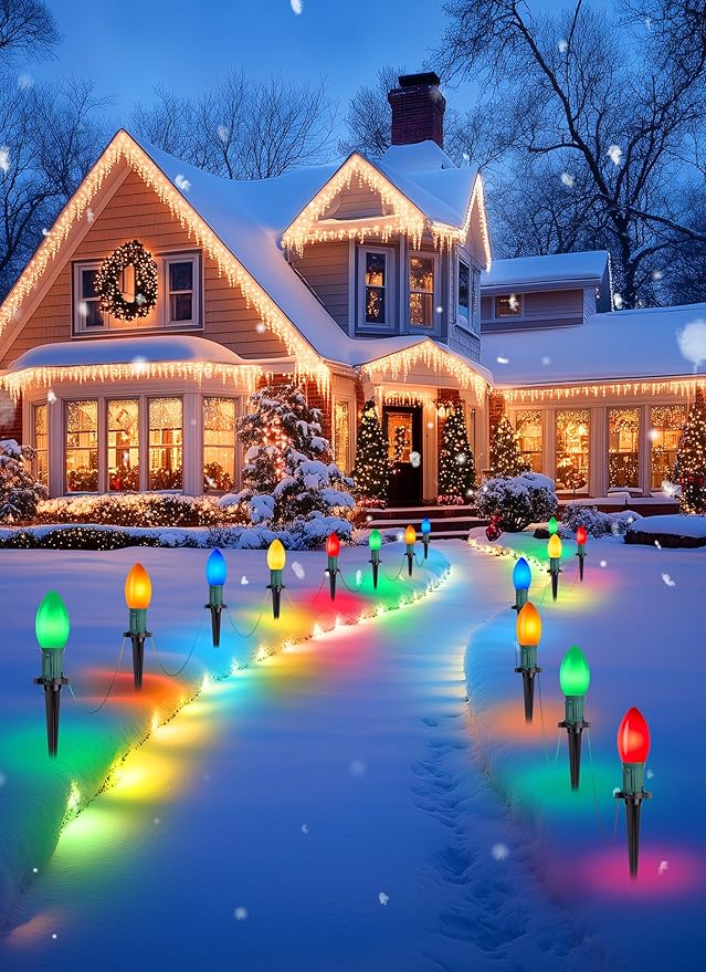 Brightown Frosted C9 LED Christmas Lights Outdoor, 2 Packs Total 64Ft Pathway Lights with 50 LED Bulbs and Stakes, Multicolor Christmas Decorations for Outside Driveway, Walkway, Sidewalk