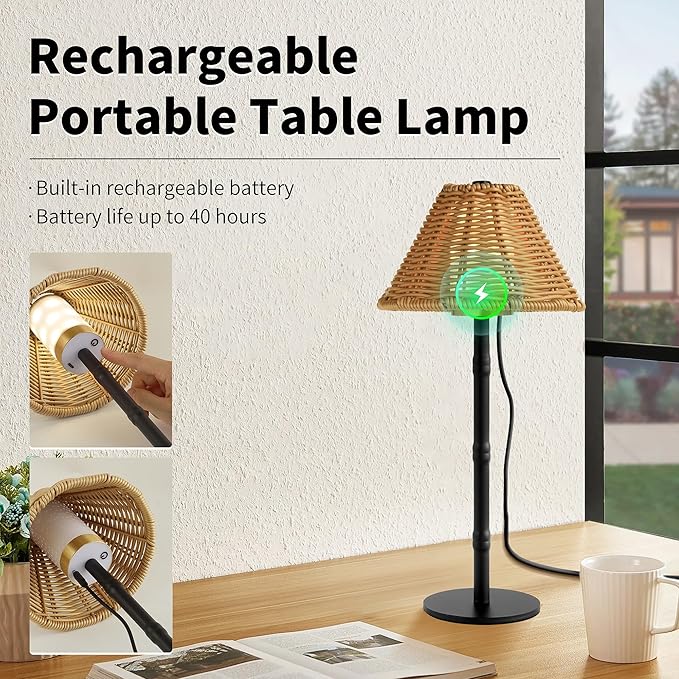Mr.White Rechargeable Cordless Table Lamp with Wicker Shade, 5200mAh Battery Operated Portable Table Light with Touch Control, for Patio Restaurant Kitchen Dinner (Black)