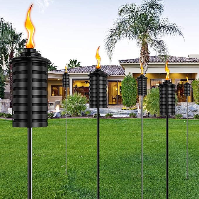 ZSZMFH 6 Pcs Metal Torch for Outside, 16 oz Outdoor Metal Torch Garden Décor,59-Inch Upgraded Citronella Torches with 3-Prong Grounded Stake, Table Top Torches for Party Patio Pathway