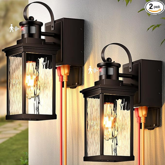 Oil-Rubbed Bronze Motion Sensor Exterior Lighting Fixtures for House with GFCI Outlet, Farmhouse Outdoor Porch Lights Wall Mount with Tempered Water-Ripple Glass, Outside Sconces for Garage