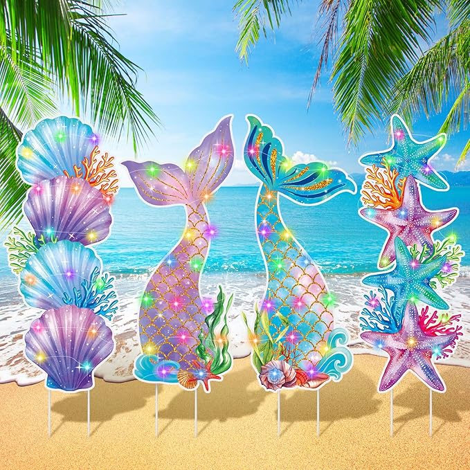Bencailor 4 Pcs Mermaid Tails Outdoor Decorations Mermaid Seashell Starfish Yard Stake Signs with LED Light Large Ocean Theme Birthday Party Supplies for Outdoor Lawn Patio Garden Stand Decor