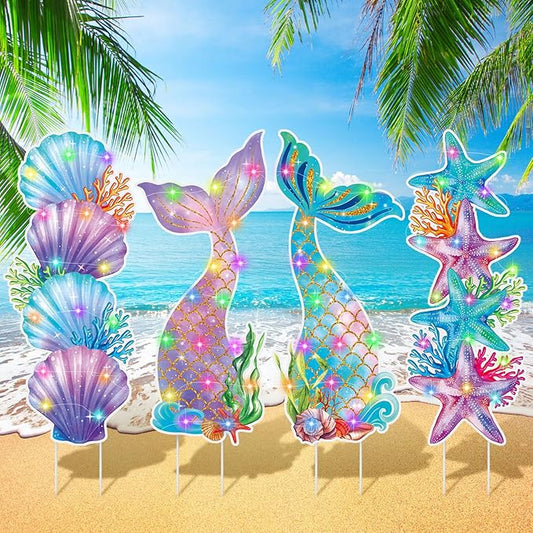 Bencailor 4 Pcs Mermaid Tails Outdoor Decorations Mermaid Seashell Starfish Yard Stake Signs with LED Light Large Ocean Theme Birthday Party Supplies for Outdoor Lawn Patio Garden Stand Decor