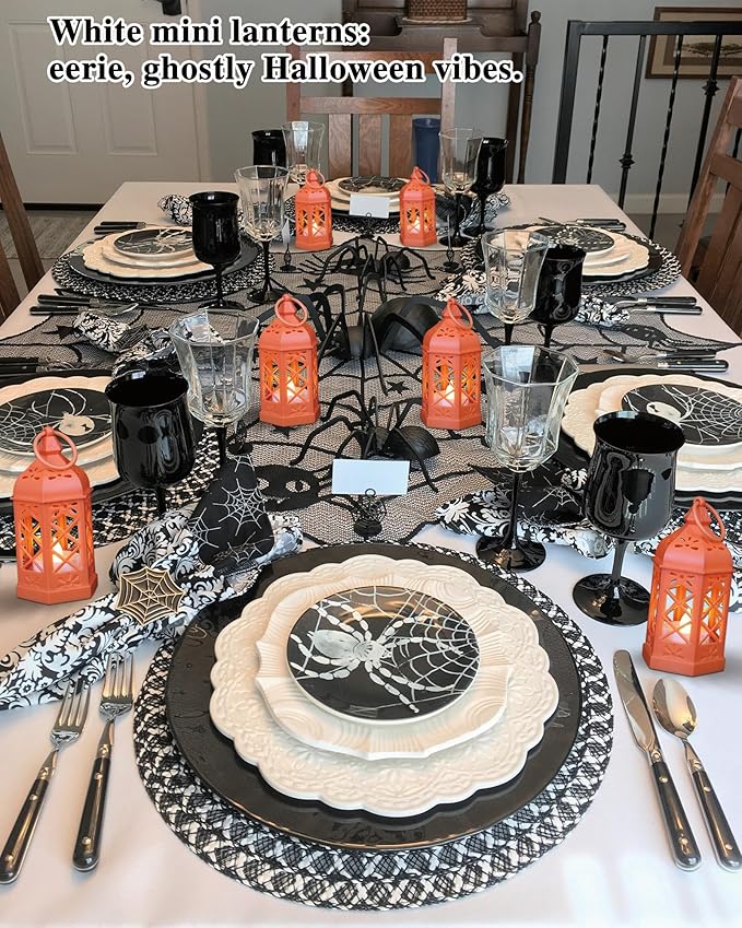 8-Pack Mini Lanterns for Ramadan, Halloween, Christmas, Small Lanterns with Flickering LED Candle for Enchanted Forest Wedding, Moroccan Lantern for Table Centerpiece, Medieval Decor, Orange