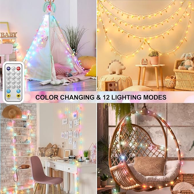 OMIKA 33 FT 100 LED Color Changing Battery Operated String Lights Waterproof, Warm White & Multicolor Fairy Lights USB Powered with Remote for Indoor Party Girls Bedroom Classroom Decor