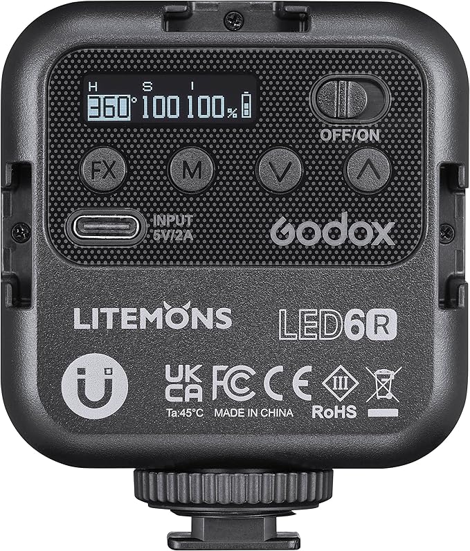 Godox Litemons RGB Pocket-Size LED Video Light, 3200–6500K CCT, RGB Color Modes, Built-in Battery, Magnetic Mount, Stackable Design (LED6R)