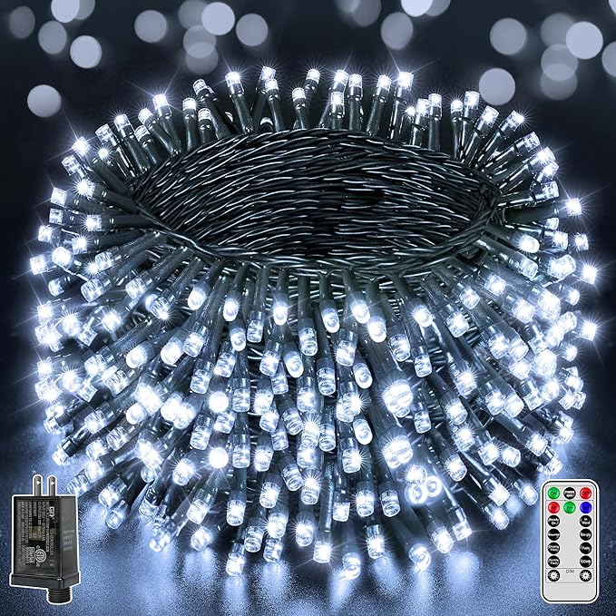 1000 LED 328 FT Outdoor String Lights with Remote and Timer, Dimmable with 8 Modes, Waterproof, Cool White Fairy Lights for Christmas Tree & Holiday Decor