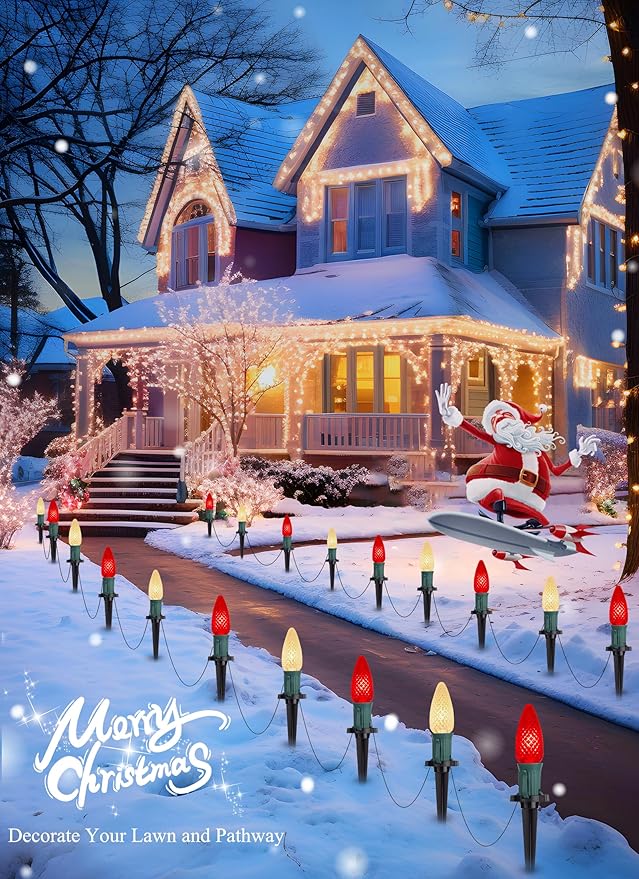Christmas Pathway Lights Outdoor, 2 Pack 26 Ft 20 LED C9 Strawberry String Lights with Stakes, Connectable Waterproof Outside Christmas Lights Marker for Path, Lane, Patio Decor, Red & Warm White