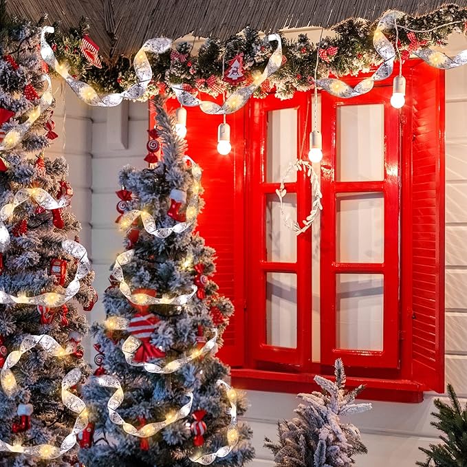 Minetom Christmas Tree Ribbon String Lights - 33ft 100 LED Battery Powered Fairy Lights with Timer