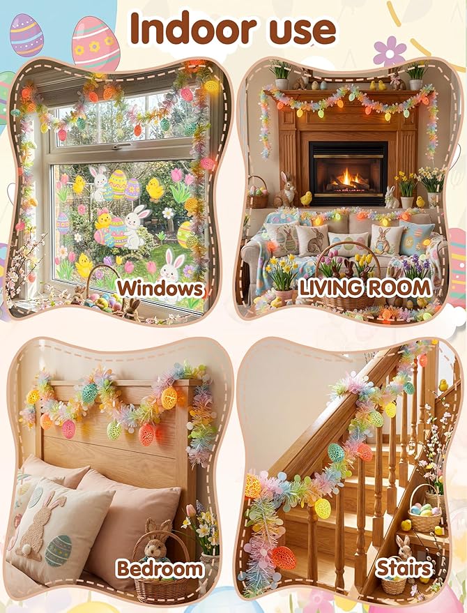 Easter Cracked Egg String Lights, 8.5Ft Plug in Easter Egg Garland with 10 LED Multicolored Cracked Eggs, Tinsel Garland Decor for Home Bedroom Garden Party Indoor Outdoor Decorations