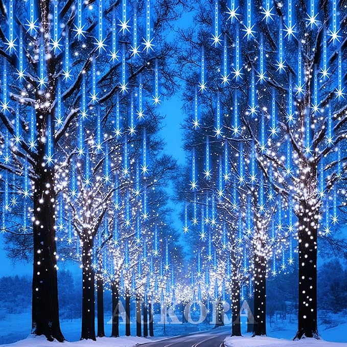 Aukora Christmas Lights Outdoor Meteor Shower Lights 12 inch 8Tubes 192LED UL Certified Falling Rain Drop Snow Icicle String Light for Xmas Tree Christmas Decorations Party Wedding Holiday Yard Blue