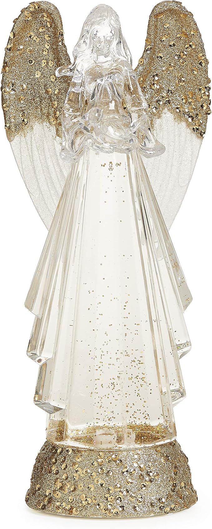 Roman 12.75-Inch Lighted Swirl Angel with Gold Wings Confetti Lites – USB-Powered Tabletop Christmas Decoration – Sparkling Holiday Accent with LED Lights