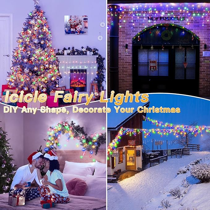 Icicle Lights for Outside, 216LED 24FT Waterproof Christmas Light Outdoor with 8 Modes & Timer, Connectable Christmas Icicle Lights for Eaves House Yard Indoor Outdoor Holiday Decoration(Multicolor)