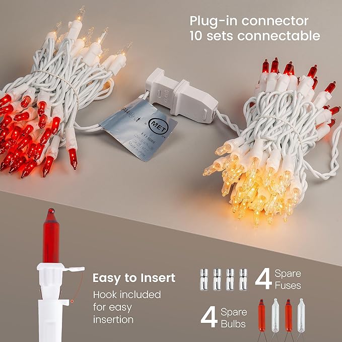 Hopolon 2PACK Red & Warm White Christmas Lights,50Count 13FT Christmas String Lights Mini Light with White Wire for Outdoor Indoor,Plug in for Xmas Party Patio Wedding Holiday Decor
