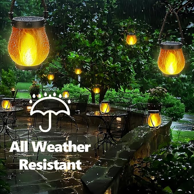 Dancing Flame Solar Lantern Outdoor Lights, Flickering Flame Hanging Lanterns with Magic Flames, Dual Charging (Solar & USB), Waterproof for Garden, Patio, Yard, Pathway (2 PCS)