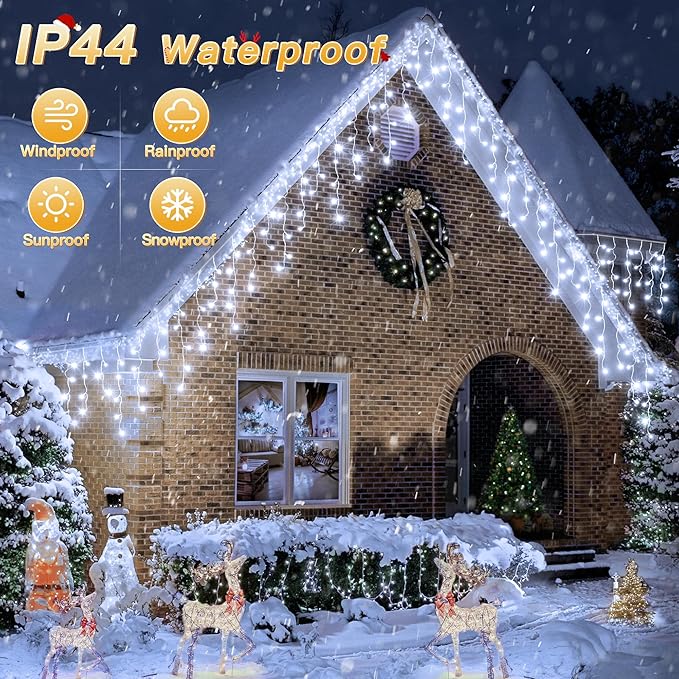 Icicle Lights for Outside, 216LED 24FT Waterproof Christmas Light Outdoor with 8 Modes & Timer, Connectable Christmas Icicle Lights for Eaves House Yard Indoor Outdoor Holiday Decoration(Cool White)