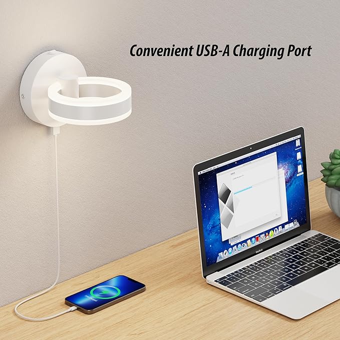 Wall Lamp LED Wall Sconce Rotatable Up-Down Sconces Wall Lighting with Built-in Switch and USB Charging Port 110 Volt AC Hardwired Wall Light (White)