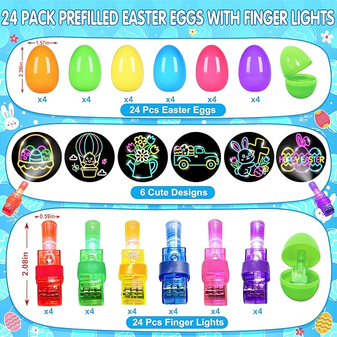 24 Pack Easter Eggs Fillers with Finger Lights, Easter Party Favors Light Up Toys for Kids Boys Girls Easter Egg Fillers Easter Hunt Filling Treats Easter Basket Stuffers
