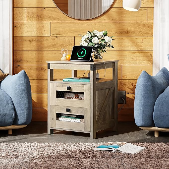 WLIVE Nightstand with Charging Station, Farmhouse End Table, Bed Side Table with 2 Storage Drawers and Open Shelf, Wood Rustic Nightstands for Bedroom, Living Room, Greige