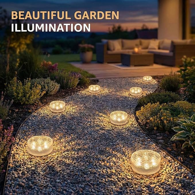 Solar Brick Lights Outdoor Waterproof - Recessed Solar Paver Lights, Ice Brick Design, No Wiring Needed,Landscape Lighting for Pathway,Garden, Patio, Yard, Driveway Decor (8, Warm White, Round)