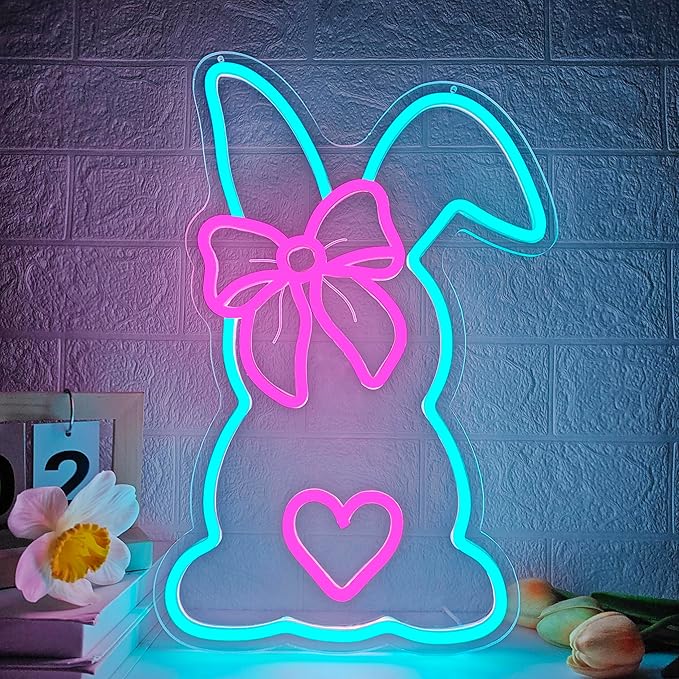 Easter Neon Sign Bow Neon Lights for Wall Bunny LED Sign Cute Rabbit Neon Light Sign for Bedroom Living Room Happy Easter Decorations Light Sign Neon Wall Art for Home Office
