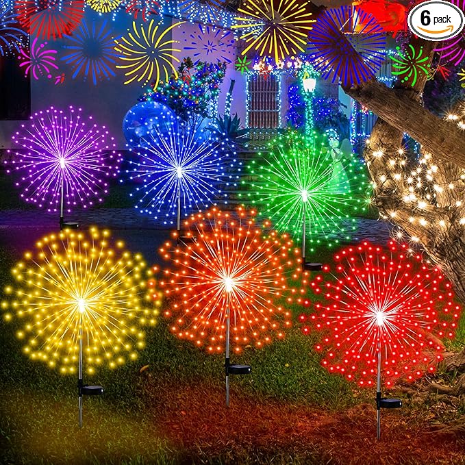 6 Pcs Easter Day Solar Firework Stake Lights 180 LED 8 Modes Solar Waterproof LED Sparkler Lights Outdoor Decoration for Christmas in July, Garden Patio Yard Pathway Walkway Lawn (Multicolor)