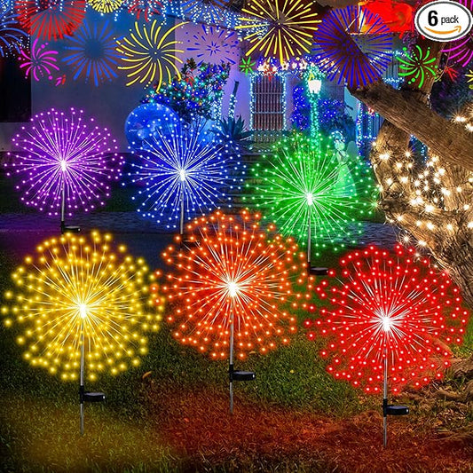6 Pcs Easter Day Solar Firework Stake Lights 180 LED 8 Modes Solar Waterproof LED Sparkler Lights Outdoor Decoration for Christmas in July, Garden Patio Yard Pathway Walkway Lawn (Multicolor)