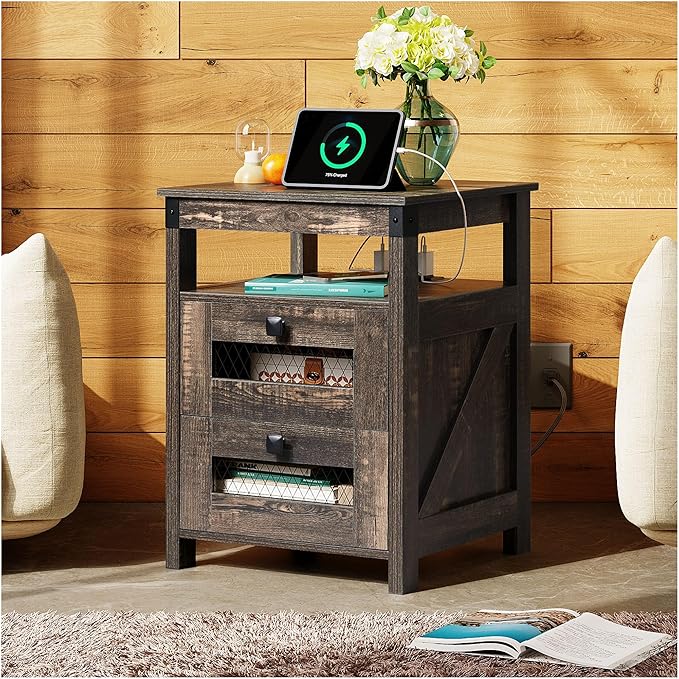 WLIVE Night Stand with Charger Station, End Tables Bedroom, Living Room, Bed Side Table with 2 Wooden Storage Drawers, Farmhouse Nightstand with USB Ports and Outlets, Dark Rustic Oak