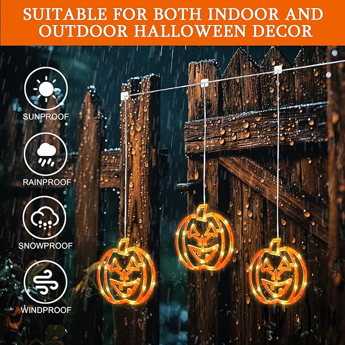 woohaha Halloween Window Lights,48LED 3 Pumpkin Curtain String Lights USB/Battery Operated,Hanging Light for Indoor Outdoor Bedroom,Room,Wall,Party,Holiday Decorations(Orange)