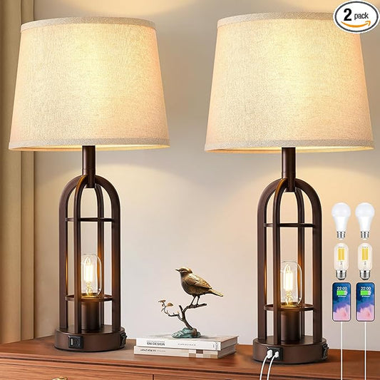 Table Lamps for Living Room End Table Set of 2 - Farmhouse Industrial Bedside Lamps for Bedroom Nightstand with Nightlight and USB A+C, 4 Bulbs Included