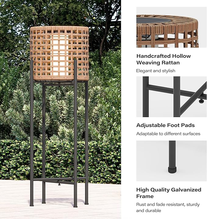 LAUSAINT HOME Solar Powered Outdoor Floor Lamp with Auto On/Off LED Light, Waterproof Wicker Patio Floor Lights, Boho Rattan Floor Lantern (1 Floor Lamp & 2 Desk Lamp)
