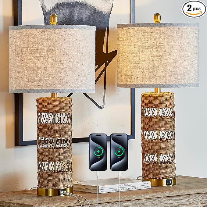 Boho Rattan Stylish & Functional & Versatile Decor USB Table Lamps Set of 2-28" Farmhouse Bedside Lights,Bulbs Included