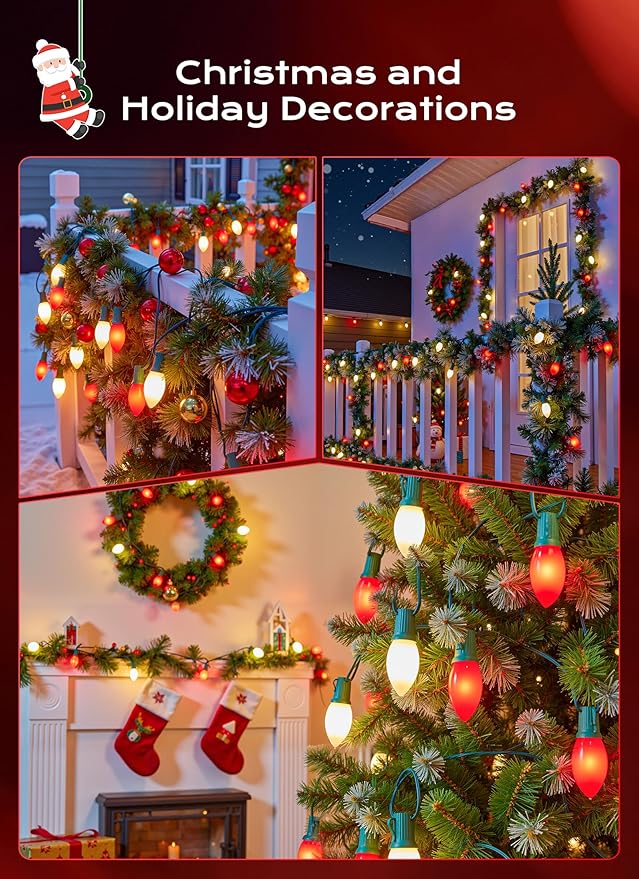 C9 LED Christmas Lights Outdoor, 50 FT 50 Red and Warm White Connectable C9 String Lights for Christmas Tree Patio Roofline Garden Backyard Holiday Party Indoor Outdoor Decoration, Green Wire
