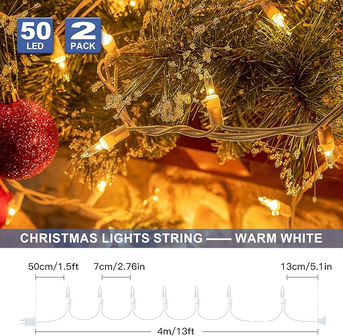 Hopolon 2PACK 50-Count Set Clear Christmas Lights with White Wire,Incandescent Bulb Mini String Lights for Holiday,Christmas Tree,Party, Wedding, Xmas, Home,Indoor & Outdoor Decorations(Warm White)