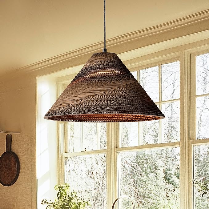 Edvivi Pendant Light with Nordic Style Cone Paper Shade, 1-Light 16.5 in. Dia Natural Brown Cardboard Chandelier, Adjustable Hanging Light Fixture for Dining Table, No Bulbs Included