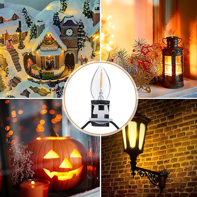 Meonum Accessory Cord with 9 LED Light Bulb, 16.4Ft C7 Christmas Village Lights Cord with Clip, Blow Mold Lights for Christmas String Lights, Village House Holiday Decoration(Black)