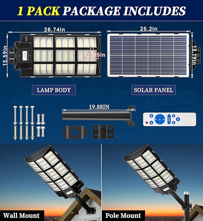 Gefolly SL-7200W Solar Street Light Outdoor, Wide Angle 450000LM 3000K/4000K/6500K Commercial Parking Lot Light Dusk to Dawn, IP67 Flood Outdoor Lamp for Basketball Court, Road, Yard