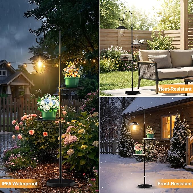 61" Solar Lights Outdoor with Plant Stands - Metal Shepherd Hook with Hanging Solar Lantern, Waterproof Solar Floor Lamp Garden Lights for Patio Deck Yard Porch Backyard & Indoor Decor