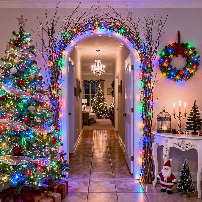 JMEXSUSS Multicolor Christmas Lights Battery Operated with 8 Modes Remote Waterproof, 33ft 100 LED Battery Christmas Lights Indoor Outdoor for Tree Home Party Room Garden Decor (Pack of 2)