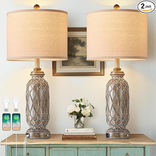 Farmhouse Lamps for Bedroom Set of 2, 28" VintageTable Lamps for Living Room with USB A+C Charging Ports, Touch Lamps for Nightstand, 2 Bulbs Included