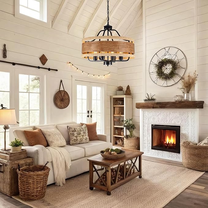 4-Light Farmhouse Boho Chandelier, 20" Wood Texture Woven Rattan Pendant Light, Adjustable Rustic Ceiling Fixture for Dining Room, Kitchen Island, Bedroom, Hallway, Office