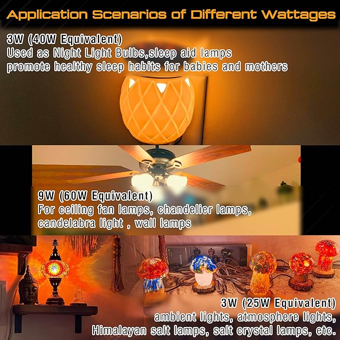 E12 Small Candelabra Base Amber Sleep Light Bulbs, 1800K Blue Light Blocking, G45 Warm Night Light Bulbs 25W-40W Equivalent, 3W 300LM E12 Amber Bulb for Healthy Sleep, Bedroom, Non-Dimmable, 2 pack